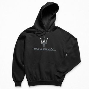 NWT Maserati Car Logo Long Sleeve Fleece Pullover Hoodie BLACK